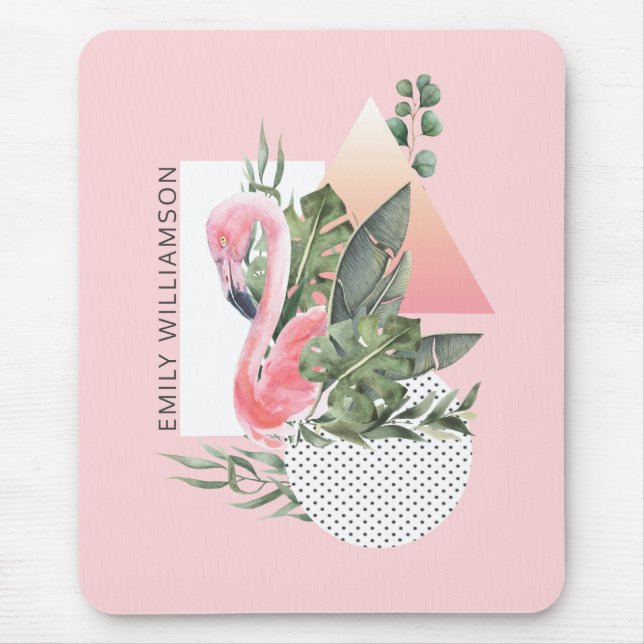 Mousepad Colagem Feminina Flamingo Rosa Tropical com Nome (Frente)