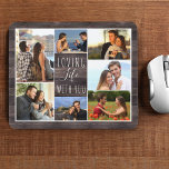 Mousepad Colagem Fotográfica Rustic Wood 7 | Amando a vida<br><div class="desc">Mão russa de rato com colagem personalizada de fotografias. O modelo de foto está pronto para você adicionar suas 7 fotos favoritas, trabalhando no sentido horário a partir do topo à esquerda. O texto lê "amar a vida com você" em um elegante roteiro manuscrito e tipografia de fontes magras. Por...</div>