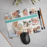 Mousepad Colagem Fotográfica Turquoise Stripe<br><div class="desc">O mousepad de colagem de fotos em chic exibe nove fotos favoritas em formato quadrado,  com seu nome de família,  nome comercial ou escolha de personalização exibidos em uma banda fina de aqua de turquesa vibrante.</div>