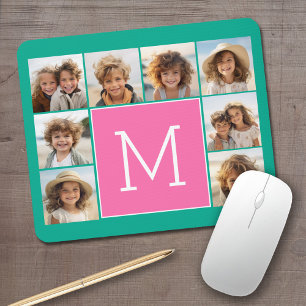 Mousepad Colar de Fotos Monograma em Verde Turquesa e Rosa