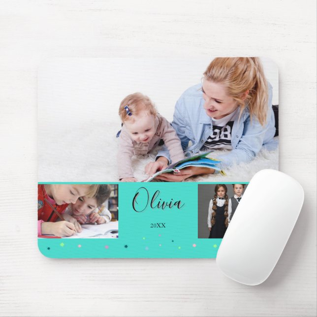 Mousepad Colar de Fotos Personalizado da Escola em Turquesa (Com mouse)
