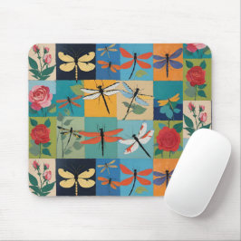 Mousepad Colorful Dragonflies And Roses Patchwork