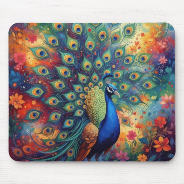 Mousepad Colorful Peacock Feathers and Flowers (Frente)