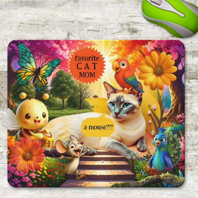 Mousepad Colorful Psychedelic Funny Cat and Mouse (Mouse pad featuring a funny psychedelic design featuring a cat surrounded by various animal friends)