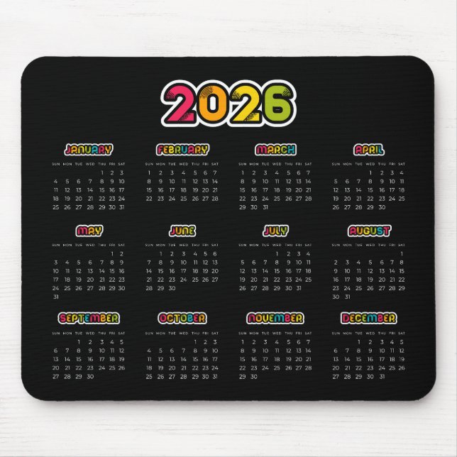 Mousepad Colorida 2025 Calendário preto (Frente)