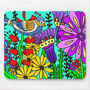 Mousepad Colorido Estilo de Arte Popular Pássaro e Flores