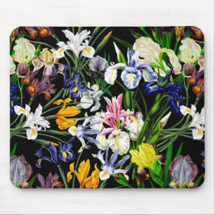 Mousepad Colorido Flores de Íris Victorianas no Padrão Negr