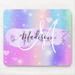 Mousepad Colorido Unicórnio Corações Arco-Íris Monograma Fe