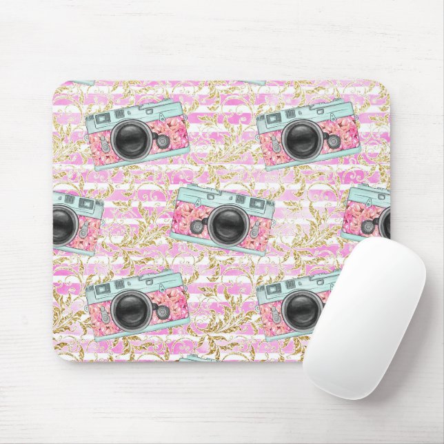 Mousepad com risca branca e rosa (Com mouse)