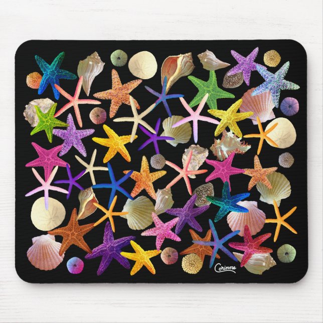 Mousepad Conchas e Starfish em Preto - Pad do Mouse (Frente)