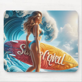 Mousepad Confident Surfer Girl Walking Beach Waves Art