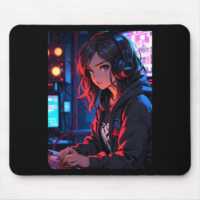 Mousepad Configuração de Streaming de Garota de Anime Retro (Frente)