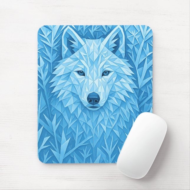 Mousepad Cool Blue Geometric Wolf Low Poly Abstract Gaming (Com mouse)