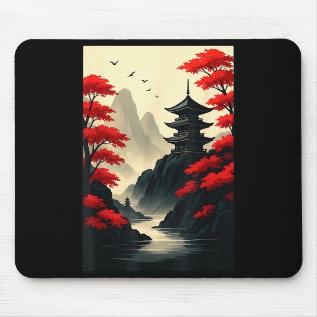 Mousepad Cool Japanese Pagoda Castle Mountain Landscape Gra (Frente)
