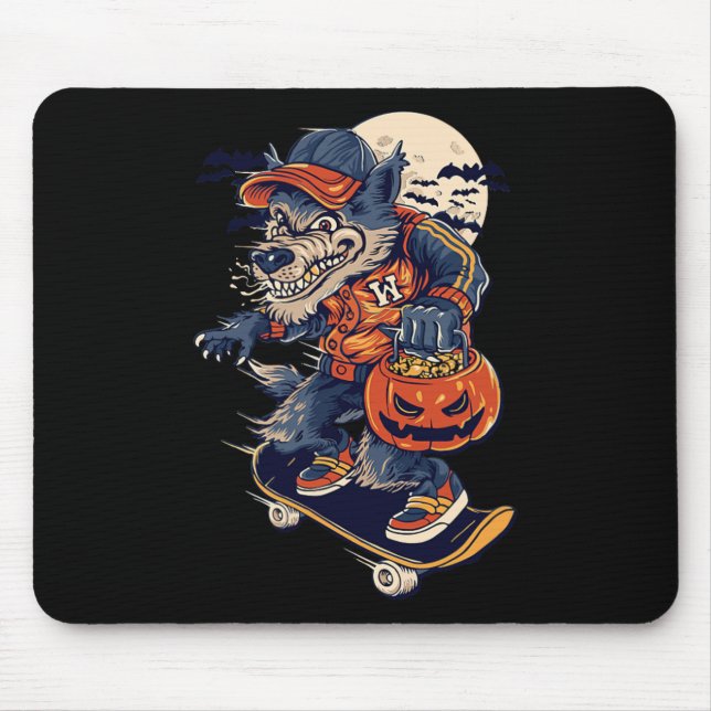 Mousepad Cool Skateboarding Wolf Carrying A Halloween Pumpk (Frente)