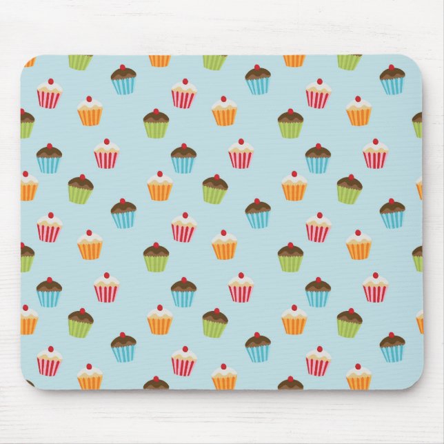 Mousepad Cópia azul do teste padrão do cupcake de Kawaii (Frente)