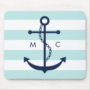 Mousepad Cor Azul Branco Monograma Stripes Anchor