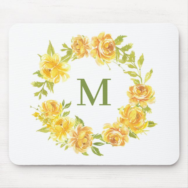 Mousepad Cor da Água Rosas Amarelas Monograma Floral Wreath (Frente)