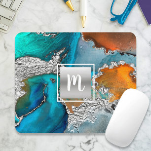 Mousepad Cor d'água do monograma turquesa prateada laranja