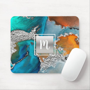 Mousepad Cor d'água do monograma turquesa prateada laranja