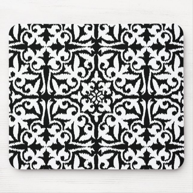 Mousepad Cor damasco Ikat - Preto e Branco (Frente)