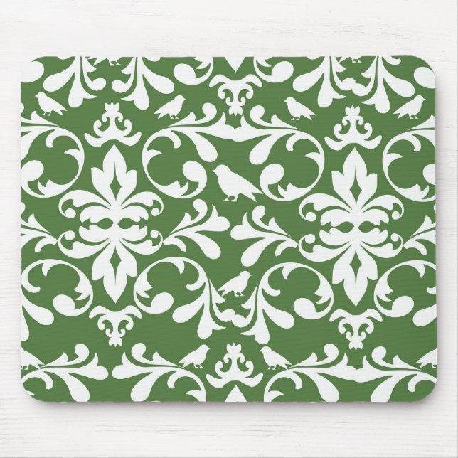Mousepad cor damasco verde e branca de aves (Frente)