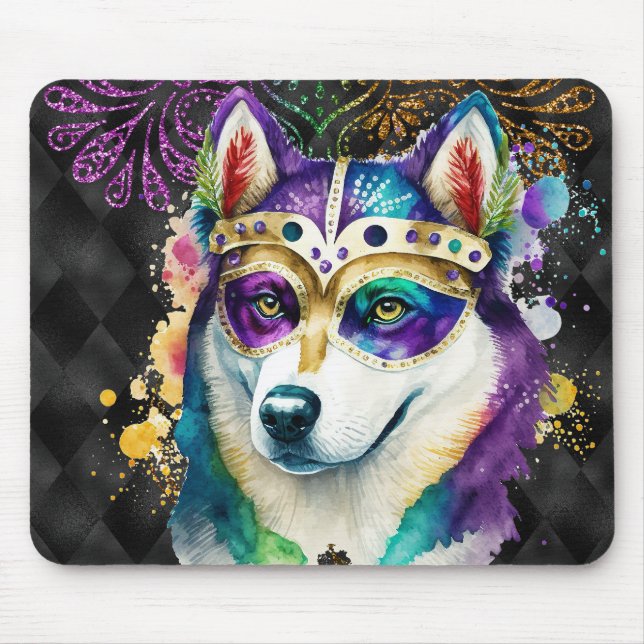 MOUSEPAD COR DE ÁGUA CUTA MARDI GRAS SIBERIAN HUSKY CACHORR (Frente)