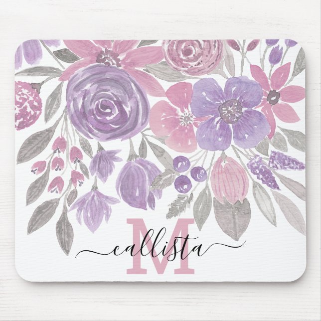 Mousepad Cor de Água Floral Verde Púrpura, Rosa, Sage Verde (Frente)