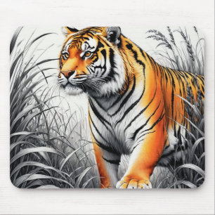 Mousepad Cor de Arte Tigre Desenho Branco Parcial Preto