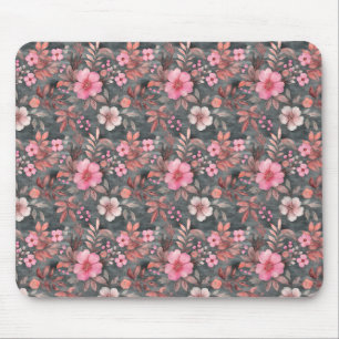 Mousepad Cor-de-rosa-chic Elegante e Padrão Floral de Cinza