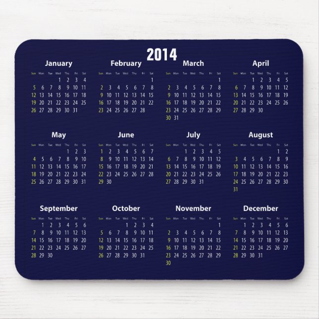 Mousepad cor do azul de 2014 calendários (Frente)
