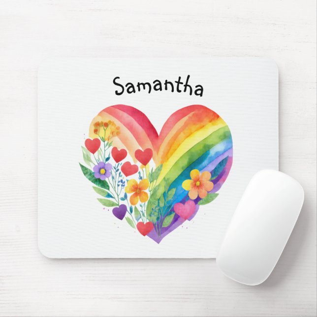 Mousepad Coração de Arco-íris e Flores em Aquarela Personal (Com mouse)