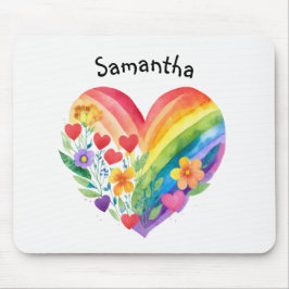 Mousepad Coração de Arco-íris e Flores em Aquarela Personal