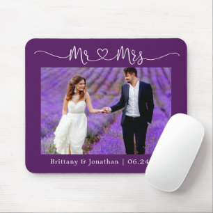 Mousepad Coração de Caligrafia Sr. Sra. Casamento Roxo