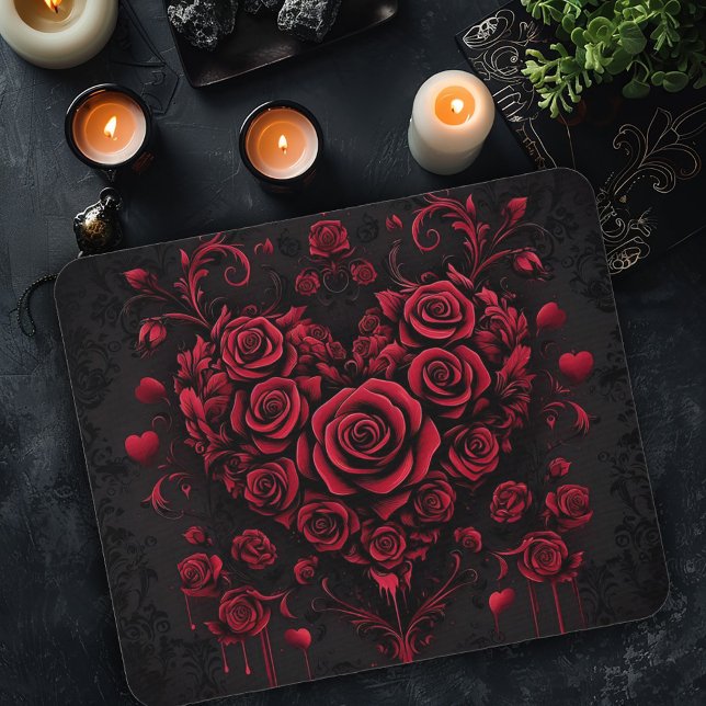 Mousepad Coração do Rosa do ornamentado no Damask Gótico (Criador carregado)