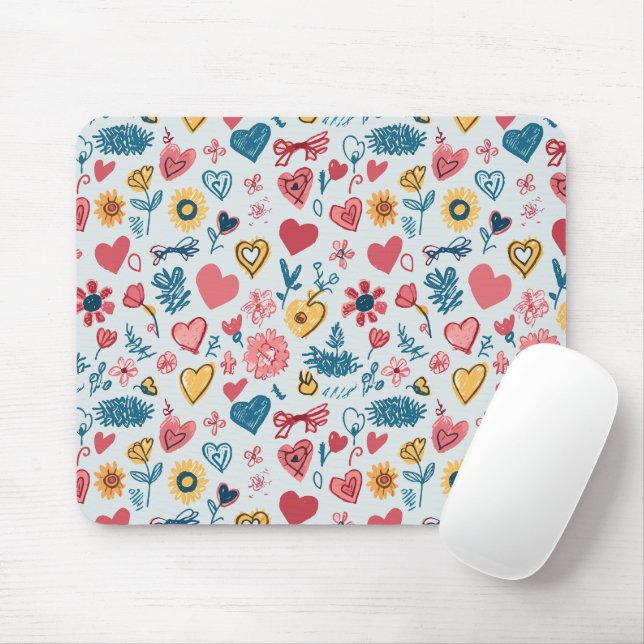 Mousepad Coração e Flores de Pastel Crayon (Com mouse)