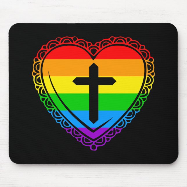 Mousepad Coração Gótico & Cruz (Preto + Arco-íris) (Frente)
