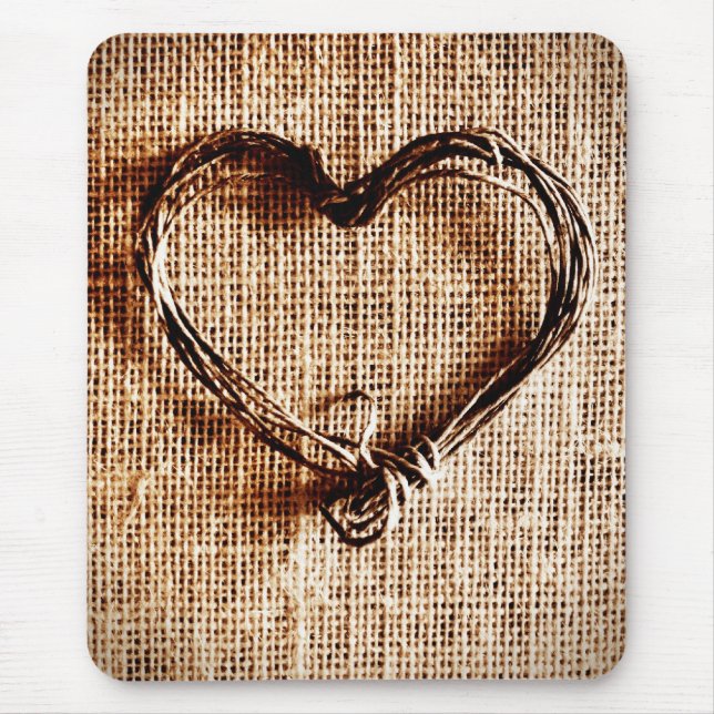 Mousepad Coração Rustic Country Twine no Burlap Impressão (Frente)