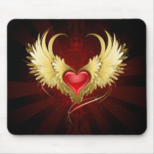 Mousepad Coração Vermelho com Asas Ouros