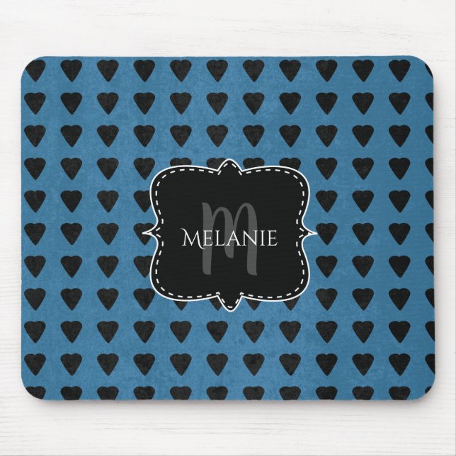 Mousepad Corações Azul Preto-Azul Pad Grunge Pad do Mouse (Frente)