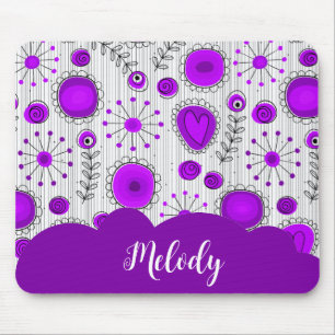 Mousepad Corações brancos, roxos, brancos, flores nome flor