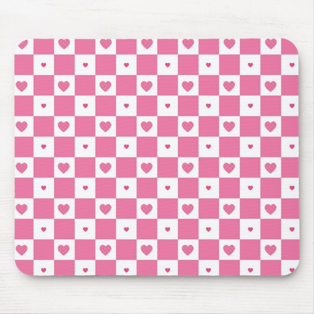 Mousepad Corações Cor-de-Rosa Bonitos Checker Branco Girly  (Frente)
