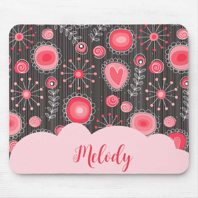 Mousepad Corações de cinzas brancas e flores, nome floral (Frente)