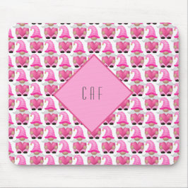 Mousepad Corações de Gnomos Rosa Monograma Floresta Fofa