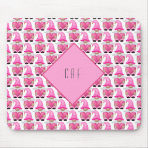 Mousepad Corações de Gnomos Rosa Monograma Floresta Fofa