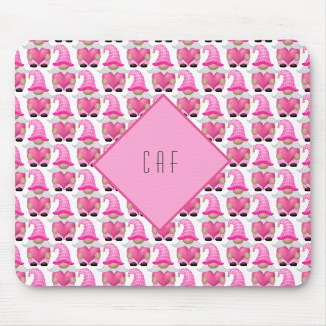 Mousepad Corações de Gnomos Rosa Monograma Floresta Fofa (Frente)