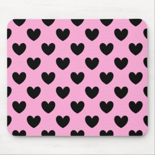Mousepad Corações de polca pretos em rosa-doce de algodã