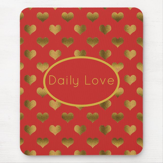 Mousepad Corações Dourados em Vermelho Personalizável (Frente)