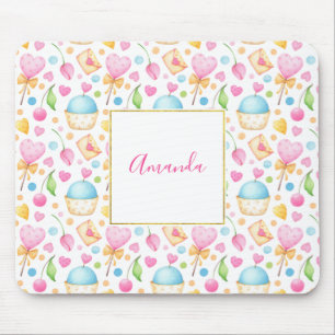 Mousepad Corações e Cupcakes Padrões de Aquarela Doce