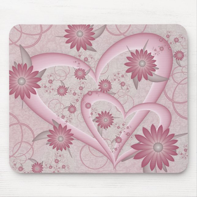 Mousepad Corações e Flores Abstratos Rosa Arte Fractal do A (Frente)